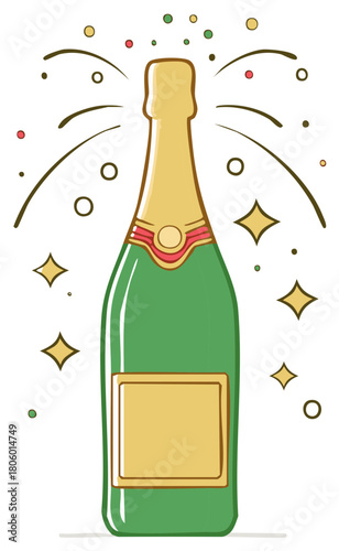 Festive champagne bottle illustration popping with sparkles and confetti, celebrating events