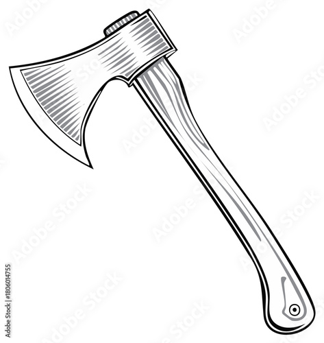 Illustration of a vintage axe with wooden handle, vector graphics for logging or forestry designs, vintage style drawing of chopping tool