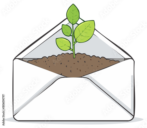 A young plant sprouts from fertile soil inside an open white envelope