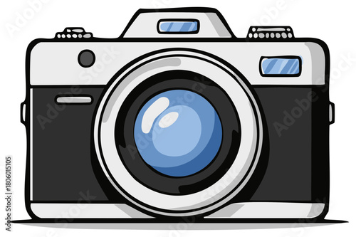 Retro Camera Illustration with Black and White Design, Blue Lens and Buttons