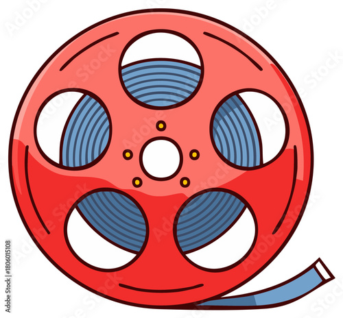 Cartoon Reel of Film Illustration, Old Movie Film Roll, Red Vintage Cinema Equipment