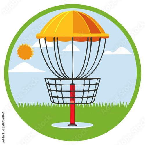 Vibrant outdoor disc golf target and chain basket in a green field on a sunny day.