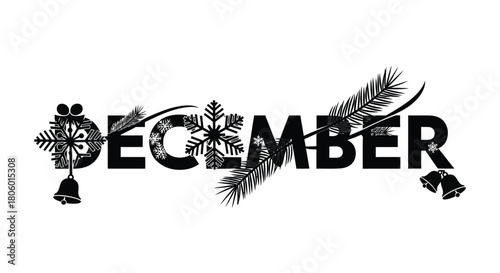 Decorative december text with festive christmas ornaments and winter foliage on white background