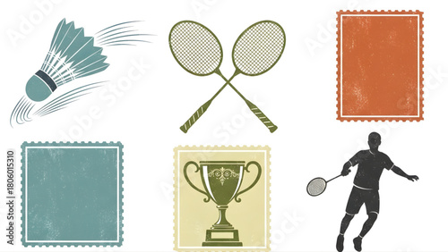 Badminton themed vector graphics shuttlecock, crossed rackets, player silhouette, trophy, and decorative blank frames for sports design