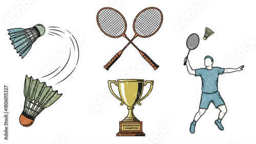 Dynamic Hand-Drawn Badminton Sport Illustration Set with Player, Rackets, Shuttlecocks, and Trophy, Capturing Athletic Competition and Achievement