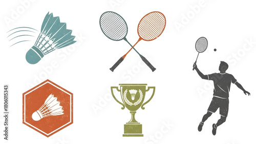 Engaging collection of badminton sport concept illustrations, featuring dynamic shuttlecocks, crossed rackets, an athletic player in action, and a symbolic championship trophy