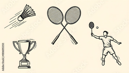 Badminton icons illustration set, featuring shuttlecock, rackets, trophy, and player in action