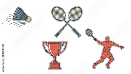 Badminton icons set shuttlecock, rackets, trophy, and player in action, winning the game