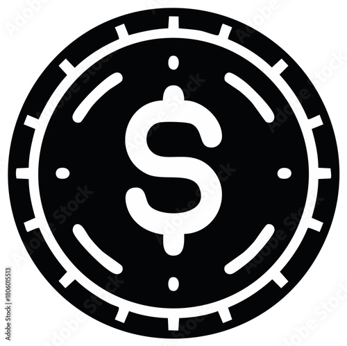 Black and white icon of a round coin with a dollar sign in the center