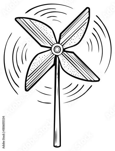 Illustrated windmill design with rotating blades and stem. Simple hand drawn style