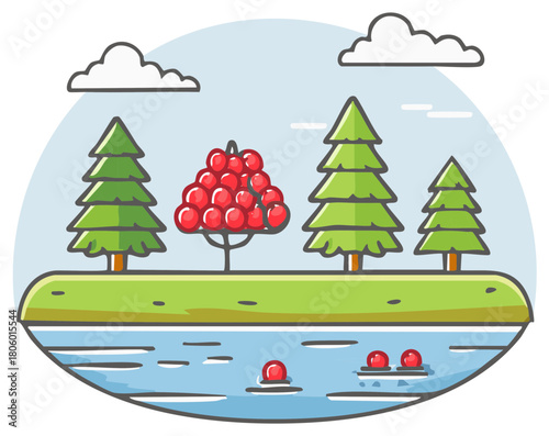 Cartoonish landscape with trees rowanberries lake and clouds graphic illustration design nature element outdoor scene