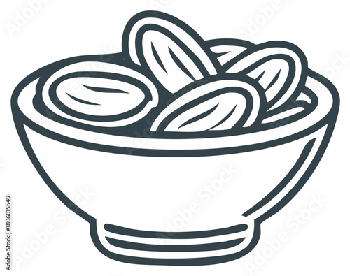 Stylized line art icon of a bowl of peanuts or nuts for a healthy snack