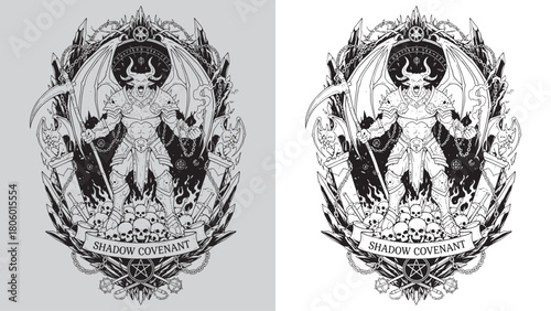 Shadow Covenant: Horned Demon King with Scythe on Pile of Skulls