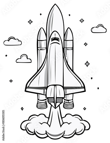 Bold black and white vector art depicting a powerful space rocket liftoff against a clear sky