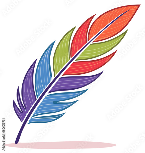 Colorful feather quill with vibrant multicolored segments and stylized lines