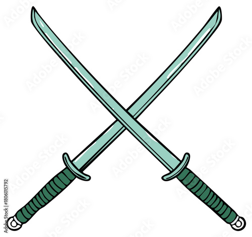 Two crossed samurai swords with green wrapped handles and teal blades in a stylized illustration