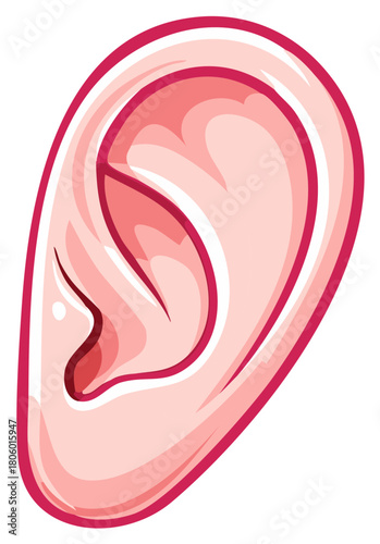Close up of a stylized pink human ear with dark pink outline and shading