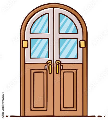Cartoon arched wooden doors with glass panels and brass handles interior element