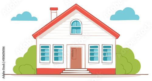 Illustration of two-story house with chimney, garden shrubs and clouds in sky, a cozy home cartoon vector