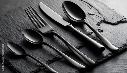 Bold monochrome table setup with glossy black cutlery on slate surface