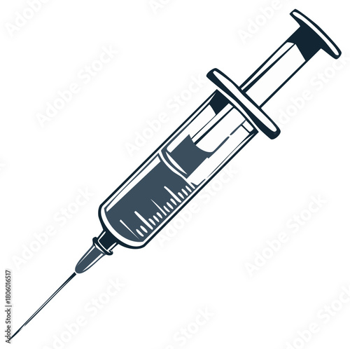 Graphic illustration of a medical syringe with sharp needle containing liquid for injection vaccination medicine
