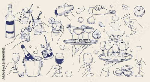 Vintage vector sketch drawing of hands serving cocktails, wine, champagne, and bar drinks.