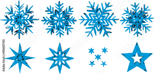 Blue Snowflakes and Stars Vector Set for Winter Holiday Design Elements Isolated on White