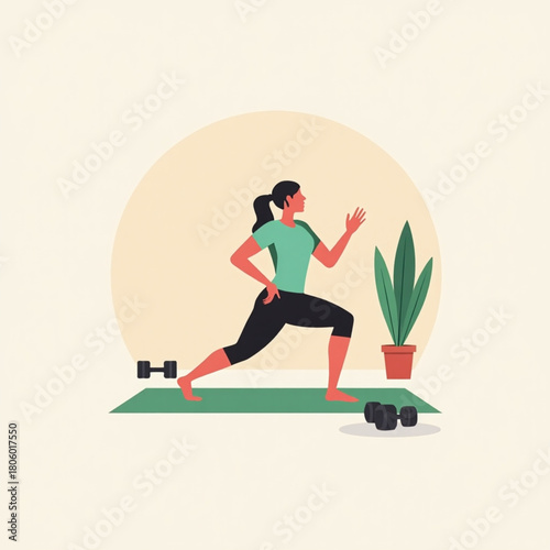 Woman performing a warrior pose on a yoga mat