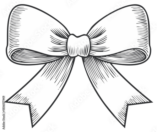 Elegant decorative bow illustration with detailed engraved linework in black and white.