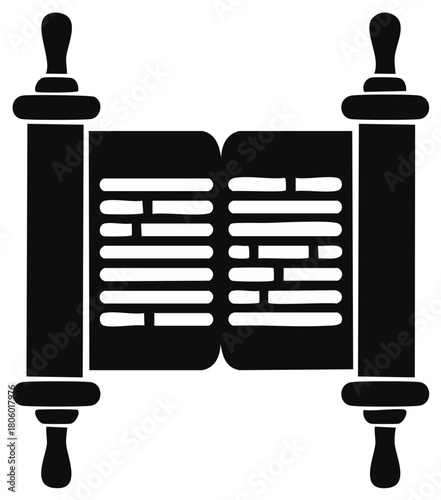 Jewish Torah Scroll with Text, Religious Symbol, Black and White Graphic Illustration