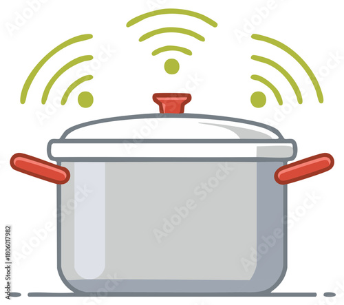 Smart cooking pot with wireless signal icon for IoT kitchen appliance and smart home automation technology