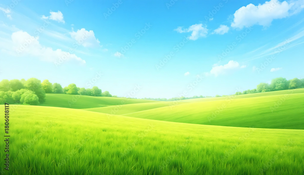 Fototapeta premium A serene and vibrant landscape featuring wide, open green fields with smooth, rolling hills stretching into the distance.