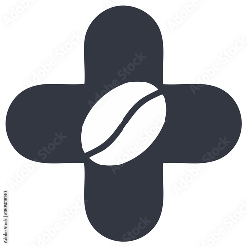 Coffee bean symbol centered on a dark gray medical cross icon representing health and energy benefits