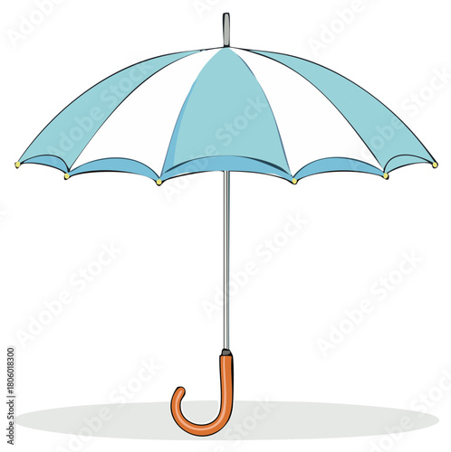 Open light blue and white striped umbrella with curved handle on a white background