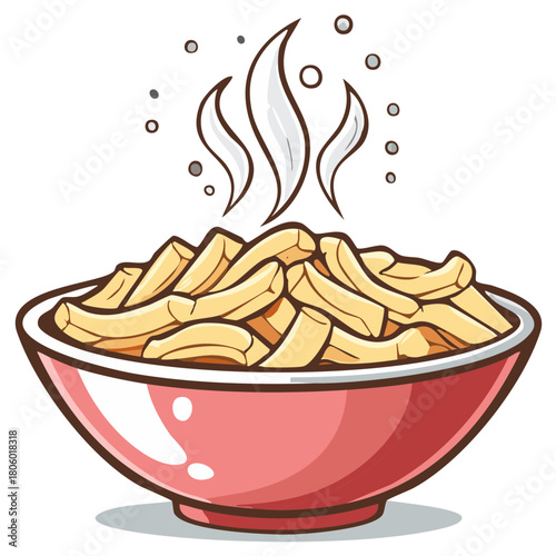 Cartoon Illustration of Hot Macaroni Pasta in a Red Bowl with Steam