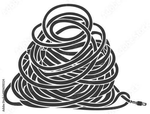 A messy, tangled knot of a black computer data cable illustrates clutter and disorganization