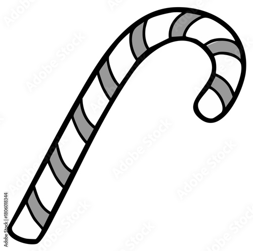 Simple cartoon candy cane with black outline and grey and white stripes