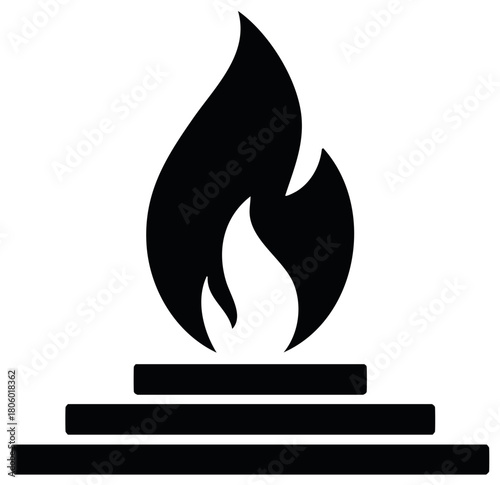 Simple black silhouette of a flame rising from stacked horizontal lines representing a structure