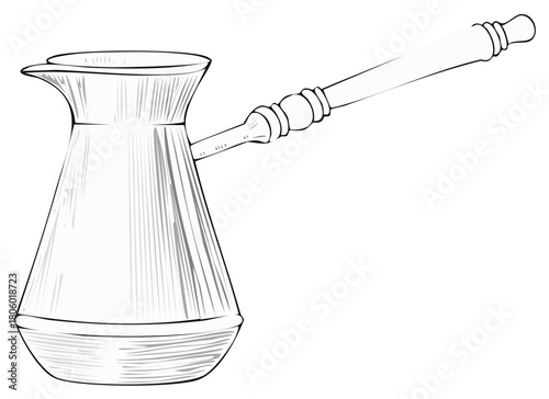 Vintage coffee pot with long handle sketch and hatching detail