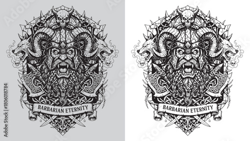 Barbarian Eternity: Roaring Viking Warrior Head with Horned Helmet and Wolves