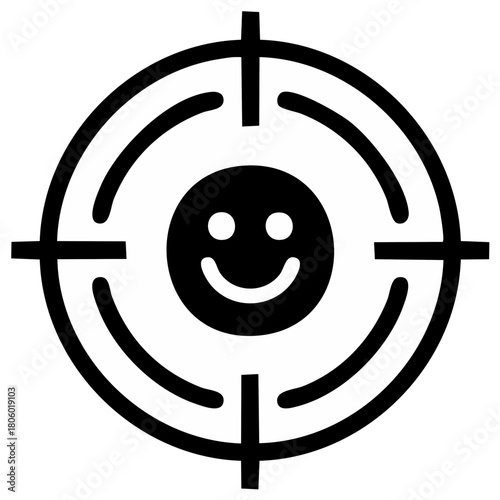 Smiling Face Icon Centered in a Circular Target with Crosshairs in Black and White