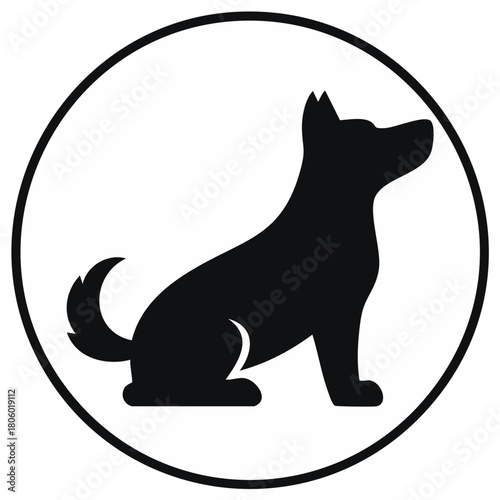 Black silhouette of a dog sitting in a circle, dog icon, pet clinic symbol, canine silhouette, dog isolated, circle
