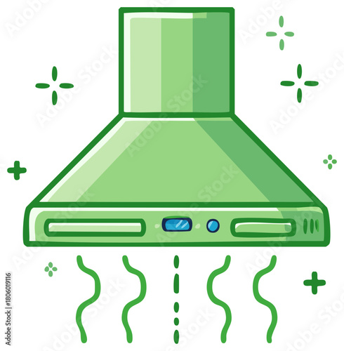 Stylized Green Kitchen Range Hood Icon with Airflow and Cleanliness Symbols