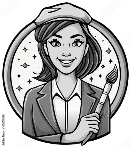 Smiling female artist wearing beret holding paintbrush monochrome vector graphic
