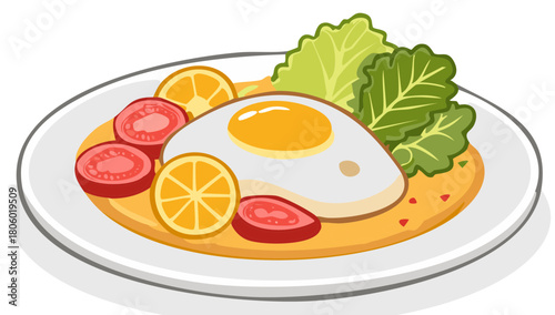 Illustration of Fried Egg Breakfast with Vegetables and Slices of Citrus Fruits