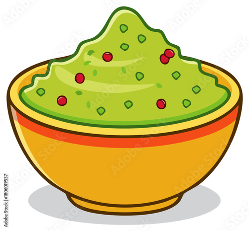 Cartoon illustration of a vibrant green dip with red specks in a yellow bowl