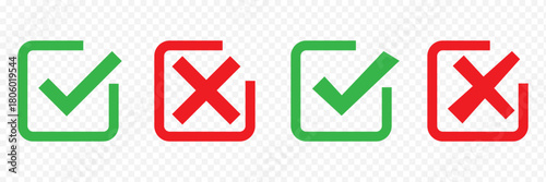 Green check mark and red cross icon set, circle and square. Tick symbol in green color. Hand drawn checkmark illustration. set button correct right wrong buttons or yes or no checkmark. BEST EPS 10.