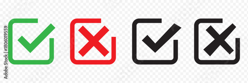 Green check mark and red cross icon set, circle and square. Tick symbol in green color. Hand drawn checkmark illustration. set button correct right wrong buttons or yes or no checkmark. BEST EPS 10.