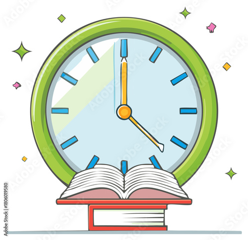 Cartoon clock shows four o'clock sitting atop a stack of school books illustrating time for learning and education