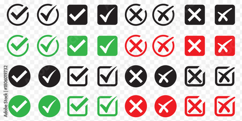 Green check mark and red cross icon set, circle and square. Tick symbol in green color. Hand drawn checkmark illustration. set button correct right wrong buttons or yes or no checkmark. BEST EPS 10.